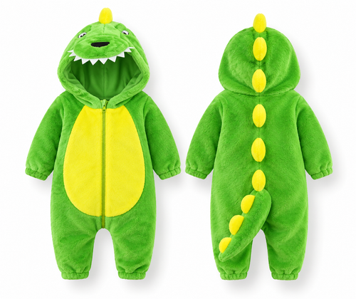 Front and back of the green dinosaur hooded romper with yellow details