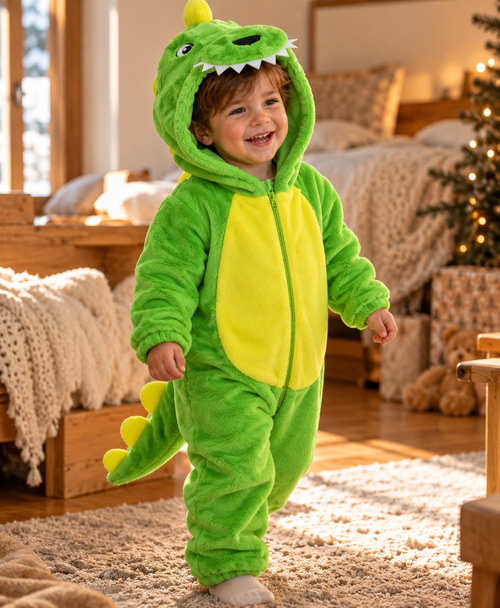 Illustrative image of a child wearing the green dinosaur romper