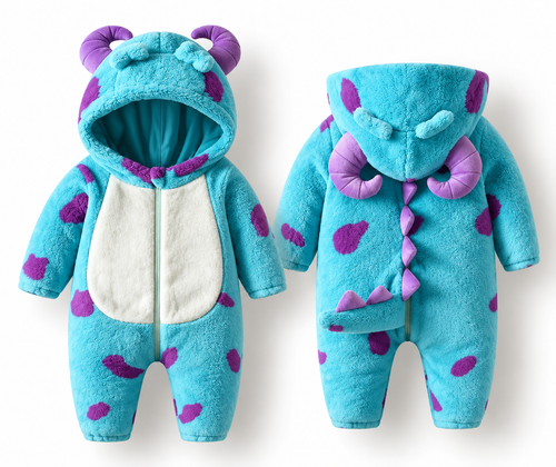 Front and back view of the blue and purple hooded monster romper on white