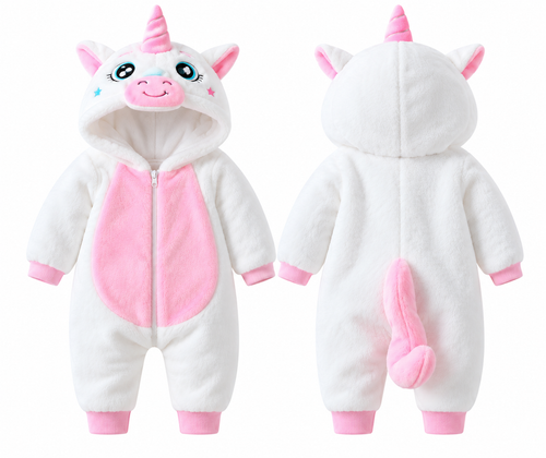 Front and back of the white and pink unicorn hooded romper